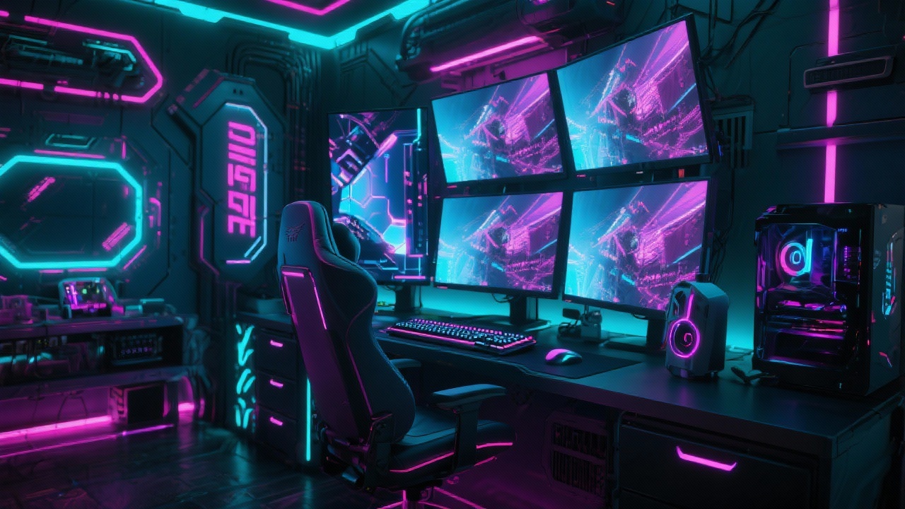 Professional gaming setup with multiple monitors and neon lighting